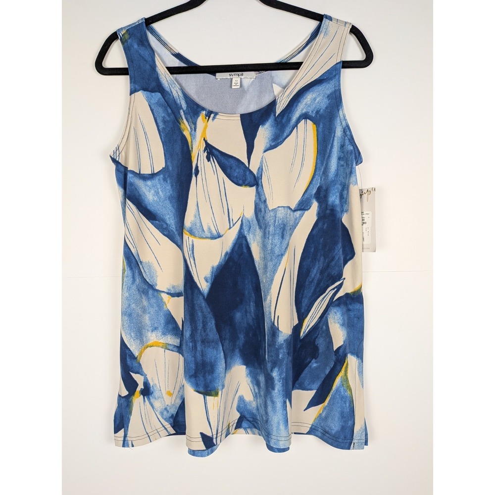 NWT Sympli Go To Tank Top Sz 12 Blue White and Yellow Floral Jersey